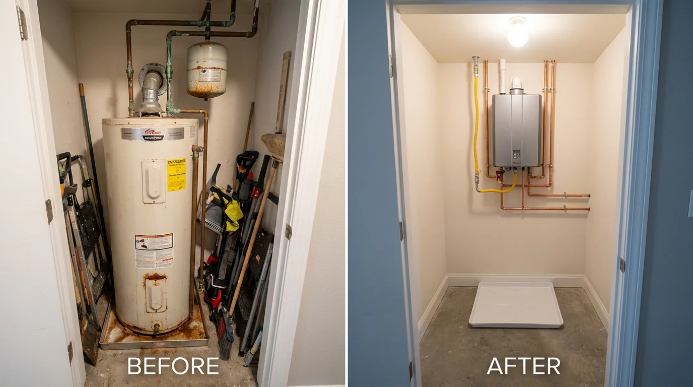 Tank water heater versus wall-mounted tankless unit comparison for Fairview, NC homeowners