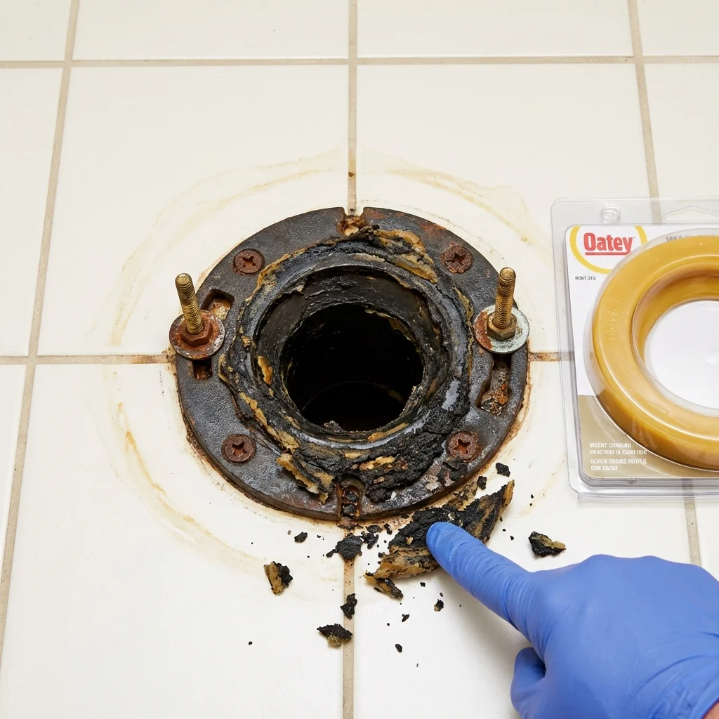 Failed wax ring showing water seepage at the base of a toilet in a Fairview, NC home
